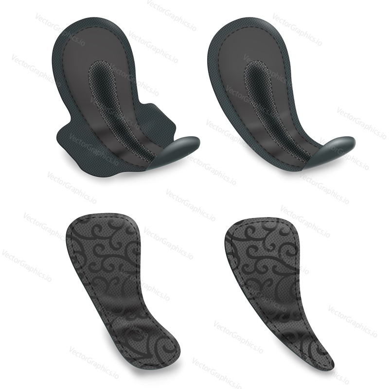 Black sanitary napkins, vector illustration isolated on white background. Feminine hygiene products. Realistic organic cotton different types and sizes sanitary pads. Women hygiene protection.