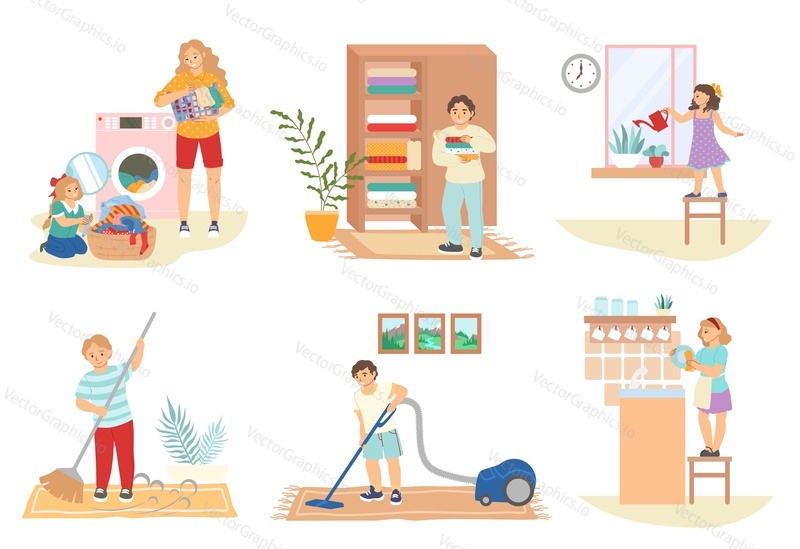 Cute kids doing housework, flat vector isolated illustration. Boys and girls doing laundry, cleaning house, floor, washing dishes, watering houseplants, sweeping and vacuuming carpet. Household chores