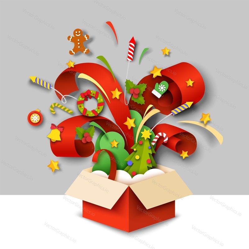 Paper cut gift box with Christmas symbols. Vector illustration in paper art craft style. Open magic box with Christmas tree, wreath, ball, bell, holly berry, mitten, fireworks, candy cane.