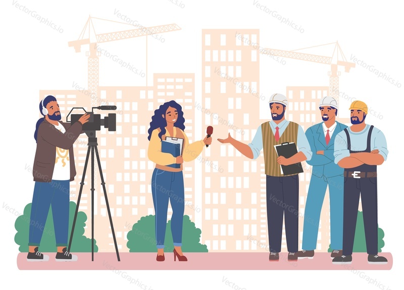 Novinářka, reportérka s mikrofonem a kameramanem, která vyslýchá stavitele, plochá vektorová ilustrace. Živá reportáž.
