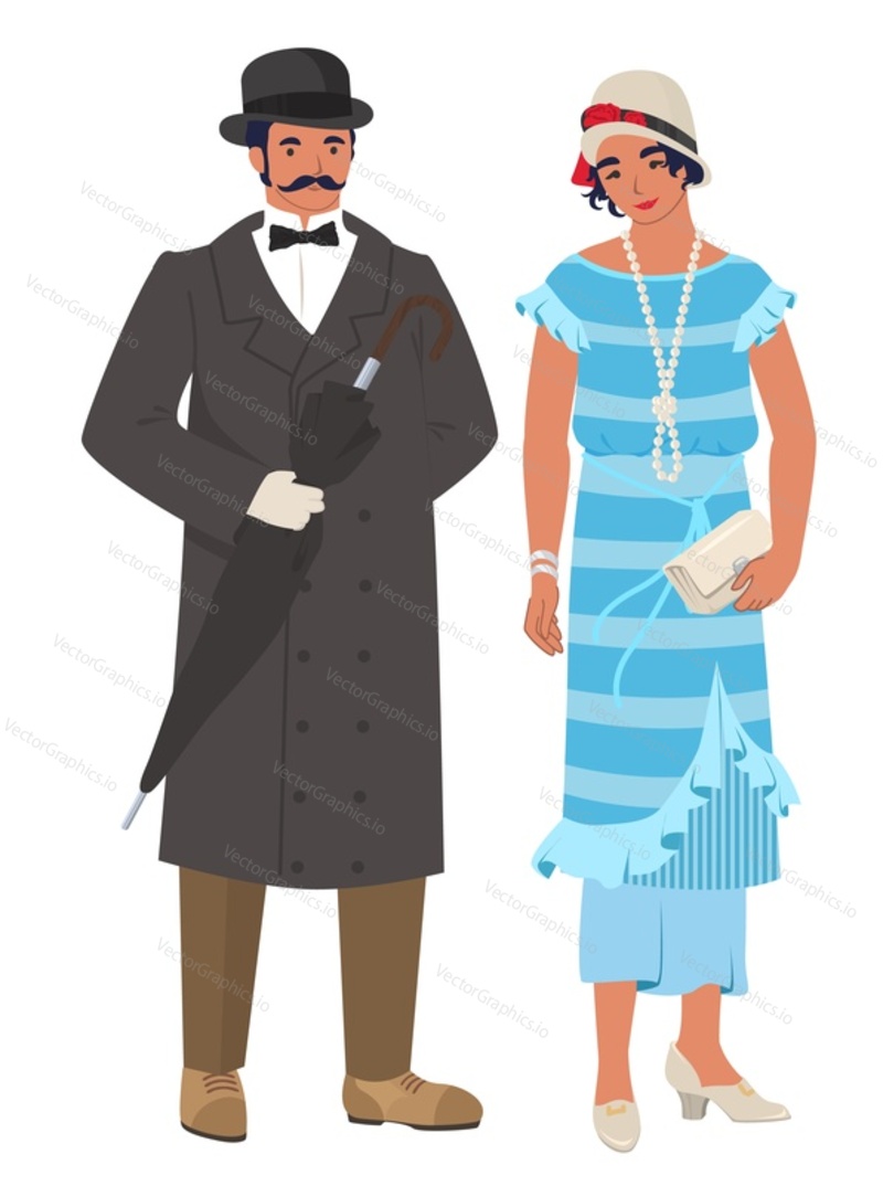 Viktoriánský pár dáma a gentleman, ploché vektorové ilustrace. Anglický muž s deštníkem a žena s kabelkou na sobě elegantní vintage oblečení.
