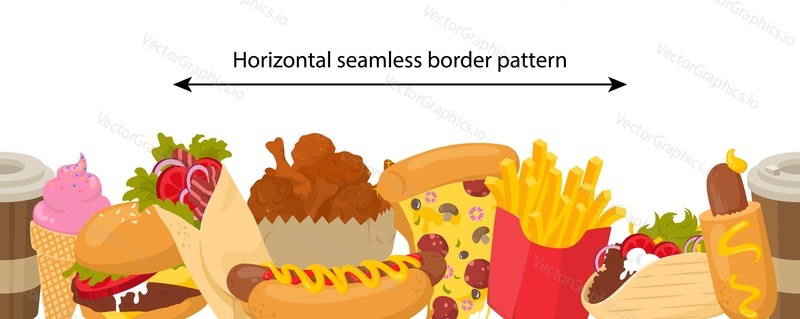 Vector seamless pattern with fast food items. Burger, shawarma, french fries, coffee, hot dog, pizza, chicken legs, popcorn, ice cream cone. Horizontal seamless border pattern.