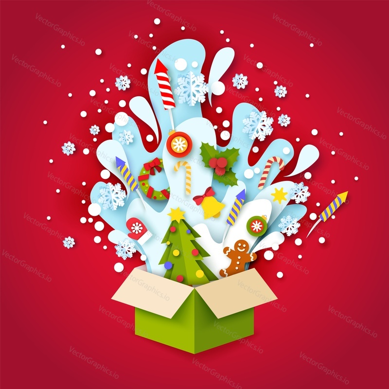 Paper cut open gift box with Christmas tree, wreath, ball, bell, holly berry, mitten, fireworks, candy cane, gingerbread cookie, snowflakes. Vector illustration in paper art style. Merry Christmas.