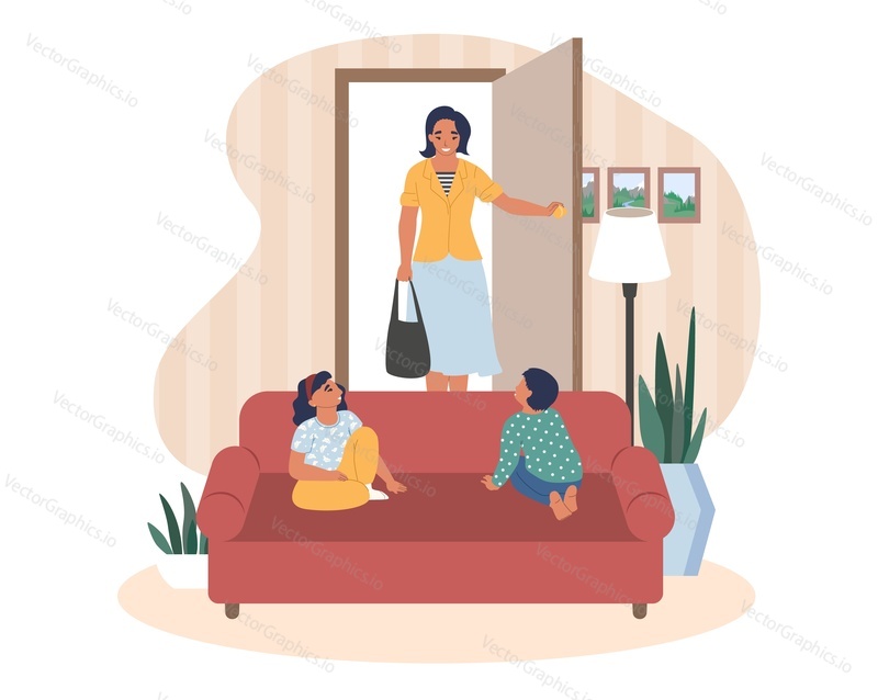 Happy mother coming back home from work, cute kids waiting for her sitting on sofa in living room, flat vector illustration. Home interior. Happy family relationship. Homecoming.