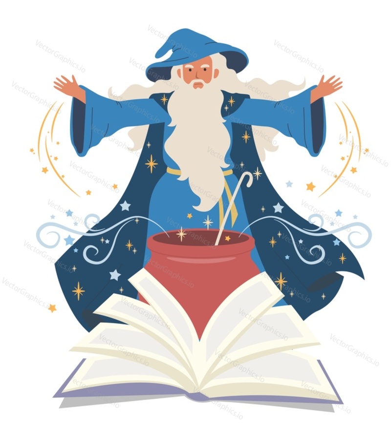 Wizard, mage cooking potion in cauldron and reading spell book, flat vector illustration. Warlock, sorcerer, old beard man in blue wizards robe, hat. Mystery, fantasy, witchcraft, magic Merlin spells.