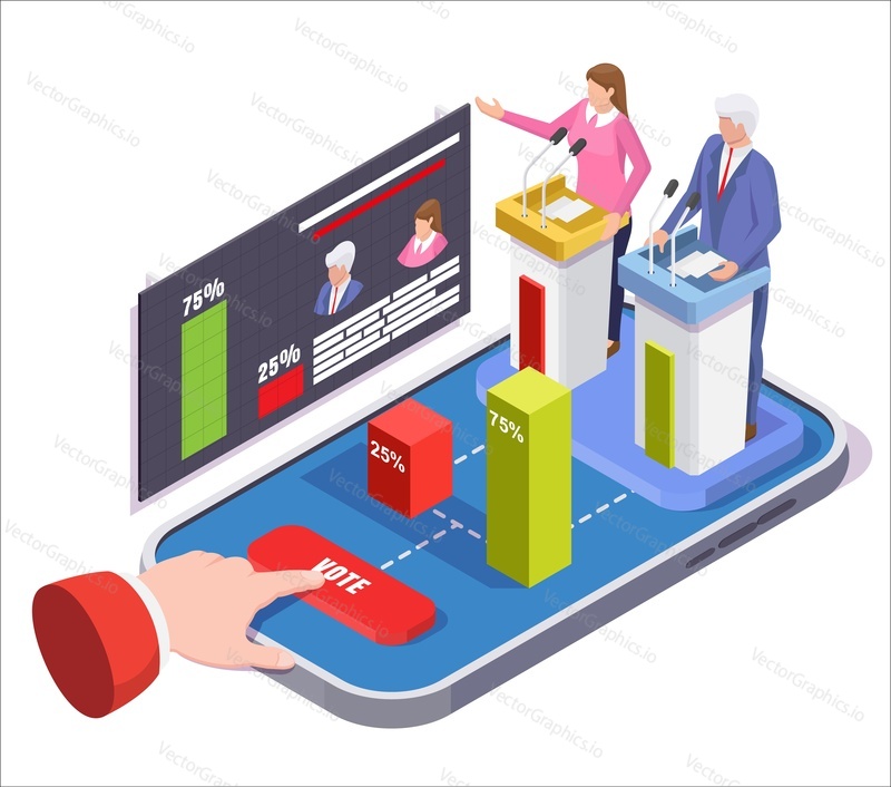 Prezidentské volby online hlasovací technologie. Hlasujte o konceptu mobilního telefonu vektorové ilustrace v izometrickém stylu. Politická debata a demokracie.