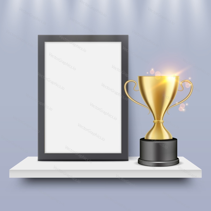 Vítěz prázdný rám a zlatá trofej pohár na polici, vektorové ilustrace. Certifikát, diplomový rám se zlatým pohárem Sport award realistické šablony.
