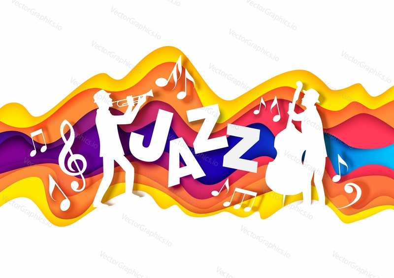 Paper cut musicians silhouettes playing trumpet and double bass, music notes. Vector illustration in paper art style. Jazz festival, night blues party, jazz music concert.