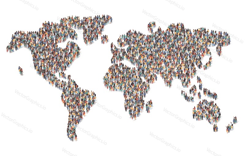 Velká skupina lidí tvořících mapu světa stojící pohromadě, ploché vektorové ilustrace. Lidé se shromažďují. Demografie populace, globalizace, pozemská komunita.