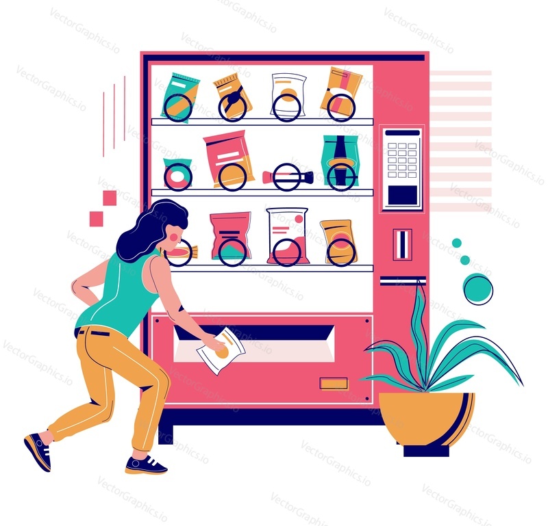 Woman buying snack from vending machine, flat vector illustration. Snack food automatic machine with chocolate bars, nuts, chips, candies, etc.