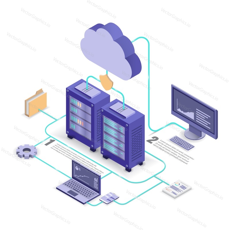 Vývojový diagram technologie cloudových služeb, izometrické vektorové ilustrace. Datové centrum se serverovými stojany, cloud, složka souborů, dokument spojený s notebookem, stolním počítačem a mobilním telefonem.