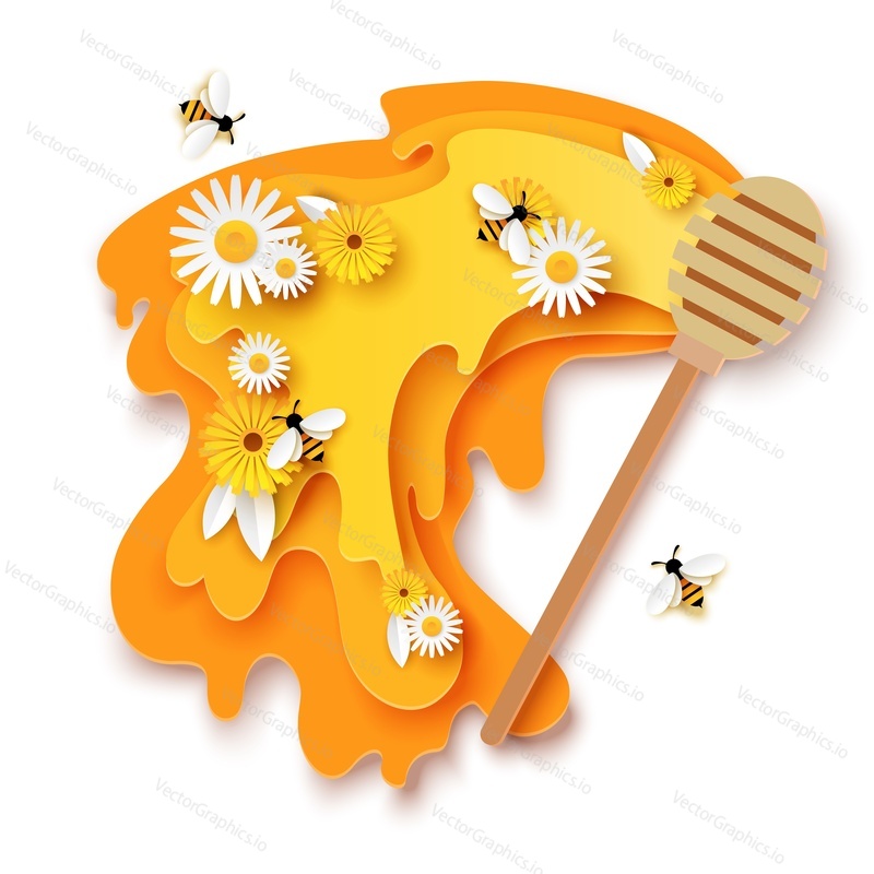 Paper cut craft style flowing honey, wooden dipper, cute bees flying over blooming flowers and collecting nectar. Vector illustration in paper art style. Beekeeping, organic honey product logo, label.