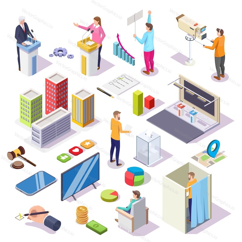 Political election and debates infographic isometric elements. Presidential candidates, tv studio, camera operator, voting cabin, poll results charts.
