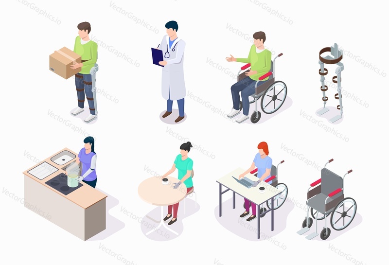 People with disabilities in wheelchair, wearing prosthetic leg, arm, flat vector illustration. Isometric male female characters cooking, working, drinking coffee in cafe. Disabled with artificial limb