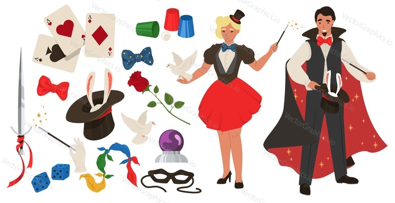 Magician set, flat vector isolated illustration. Illusionist, male and female characters holding dove, magic wand, black cylinder hat with rabbit. Shell game tools, playing cards, dices for tricks etc