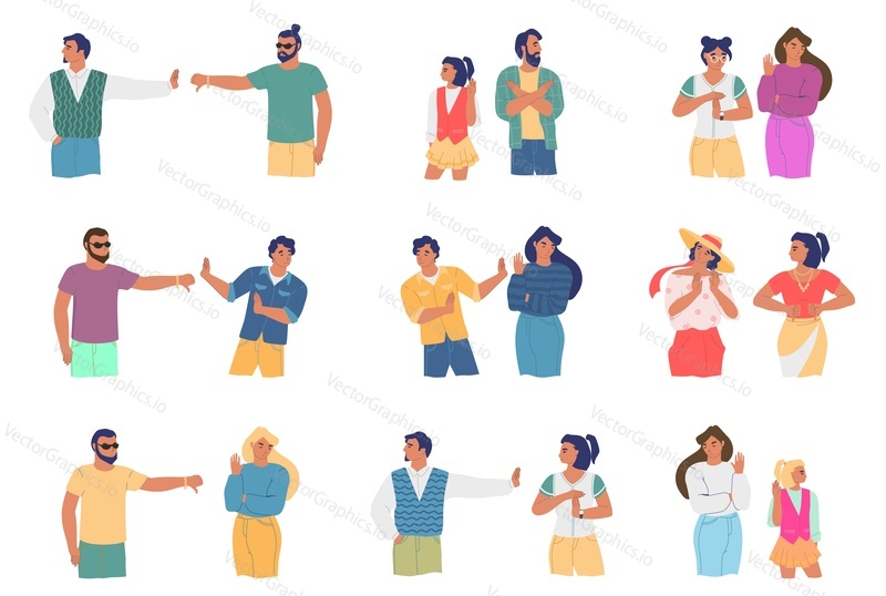 Conflict people cartoon character set flat vector illustration. Couples, friends expressing disagreement showing thumb down, stop, no hand gestures. Family relationship problems, conflict with friends