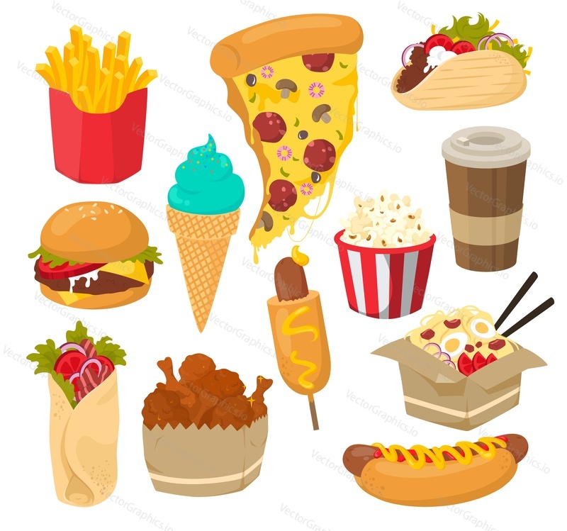 Fast food set, flat vector isolated illustration. Burger, shawarma, french fries, coffee, hot dog, pizza, chicken legs, popcorn, wok, ice cream cone. Fast food restaurant cafe bar menu.