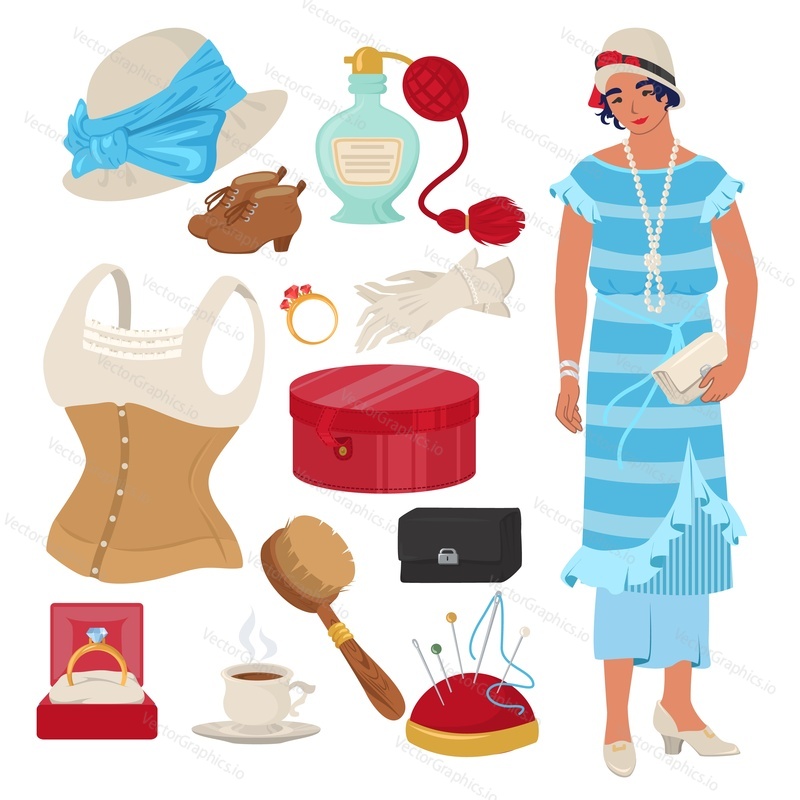 Viktoriánská dáma set, plochý vektor izolované ilustrace. Anglická dáma oblečení a doplňky. Korzet, boty, klobouk, láhev parfému, rukavice, šicí souprava, prsten a krabice.