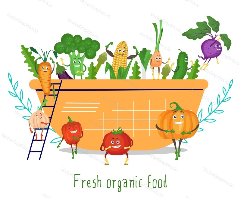 Cute funny vegetable characters in salad bowl, flat vector illustration. Happy kohlrabi, broccoli, sweet corn, onion, carrot, tomato, cucumber, pumpkin, garlic, pepper with faces. Fresh organic food.