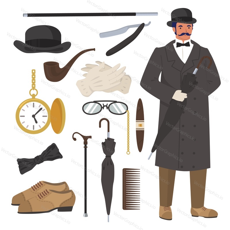 Viktoriánský gentleman set, plochý vektor izolované ilustrace. Anglický gentleman oblečení a doplňky. Buřinka, hůl, břitva, hodinky, dýmka, doutník, rukavice, deštník a boty.