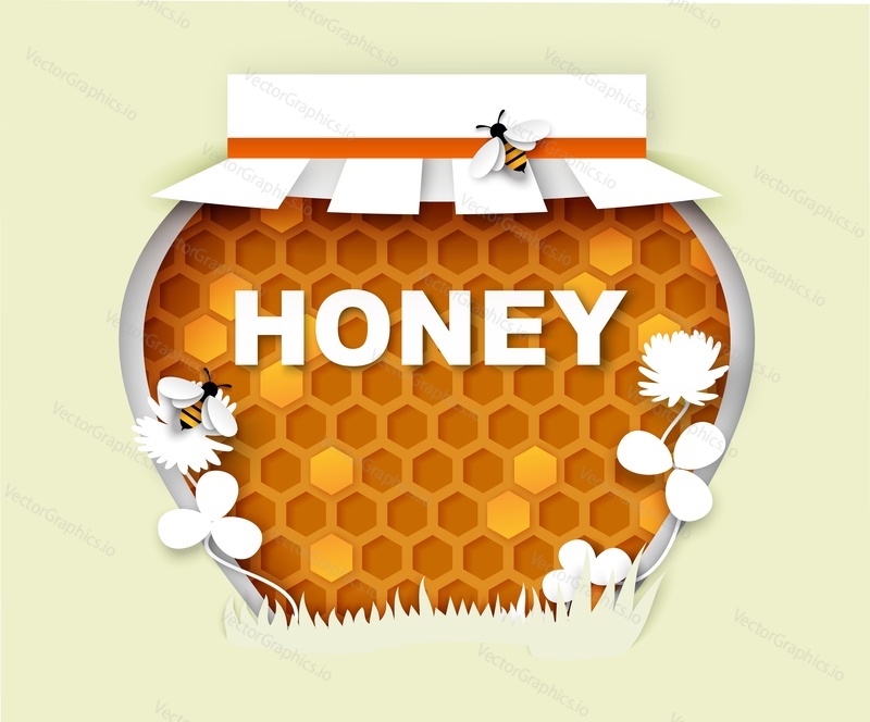 Přírodní květinový med jar, vektorové ilustrace v papírovém uměleckém stylu. Jetelový medový rám. Včelařství, logo organického sladkého produktu, štítek.