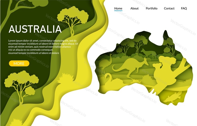 Austrálie vektorová šablona webových stránek, design vstupní stránky pro vývoj webových stránek a mobilních stránek. Paper cut craft style Austrálie mapa klokan, koala medvědi uvnitř. Cestování do Austrálie.