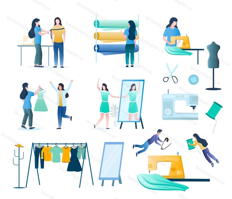Sewing set, vector isolated illustration. Seamstress, clothing designer, dressmaker, customer cartoon characters and tailor tools. Atelier, sewing courses, tailoring shop or fashion salon.