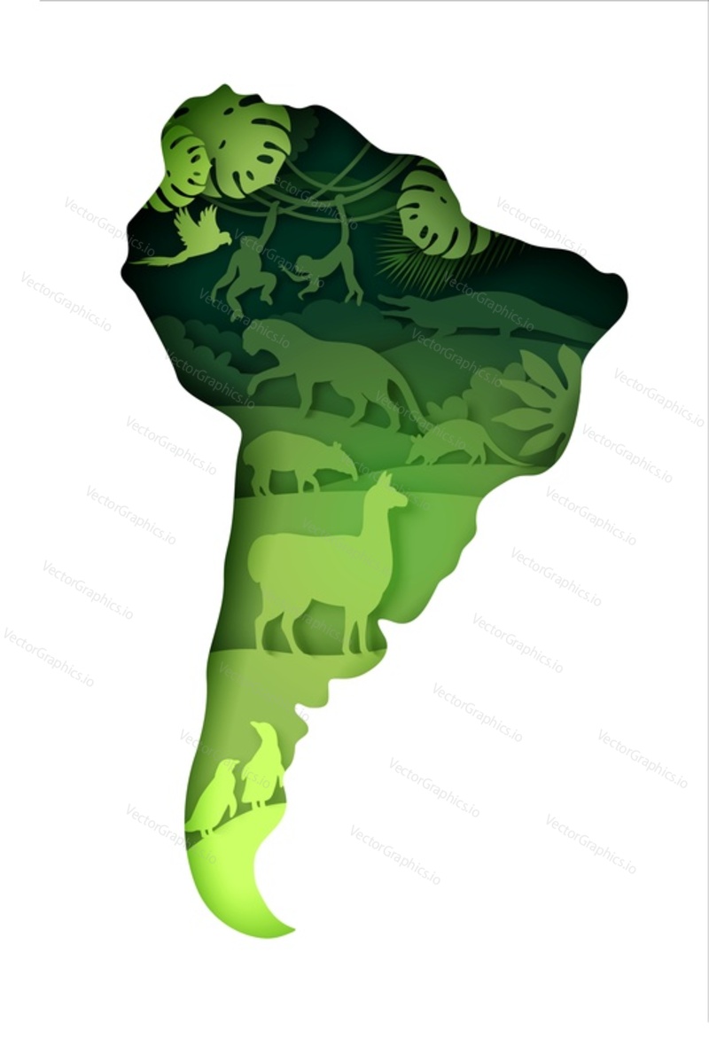 Divoká zvěř Jižní Ameriky, světový kontinent. Vektorové ilustrace ve stylu papírového umění. Pevnina Jižní Amerika mapa s přírodou a Lama, tapír, jaguár, cingulata, opice, tučňák divoká zvířata siluety