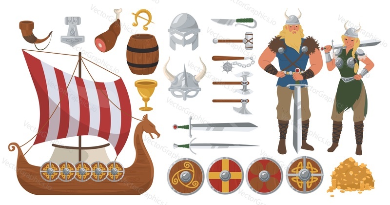 Viking set, flat vector isolated illustration. Viking male and female cartoon characters, weapons, drakkar ship. Scandinavian warrior costume and equipment.