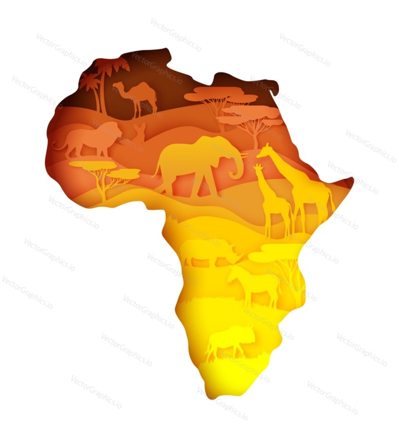 Divoká zvěř Afriky, světový kontinent. Flóra a fauna. Vektorové ilustrace ve stylu papírového umění. Mapa pevniny Afriky s přírodou, slon, žirafa, lev, zebra, nosorožec velbloud liška divoká zvířata siluety.
