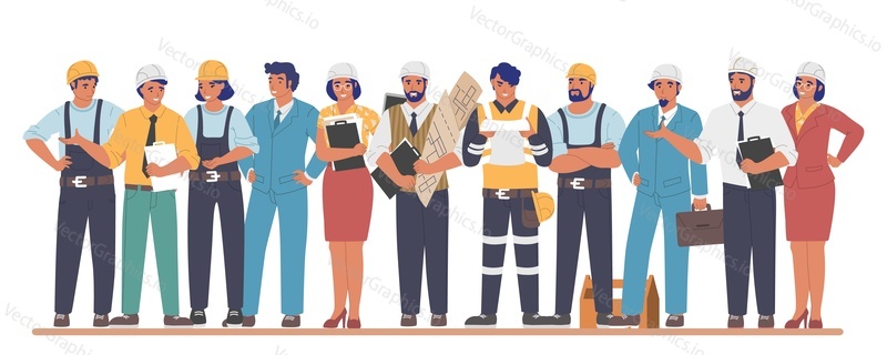Building workers and engineers cartoon characters, flat vector illustration. Industrial workers, people of different building professions wearing hardhats and uniform. Construction industry.
