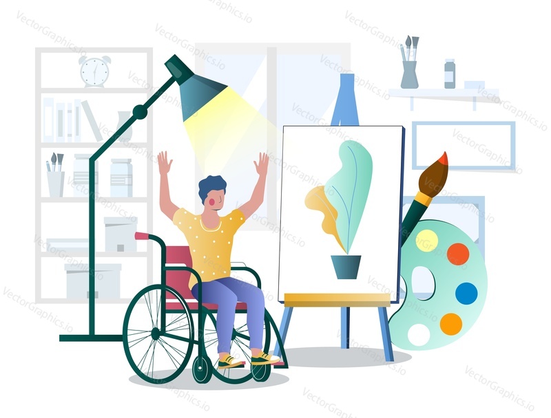Šťastný mladý muž pomocí invalidního vozíku obdivoval umělecké dílo, ploché vektorové ilustrace. Umělecká terapie, léčení a duševní pohoda.