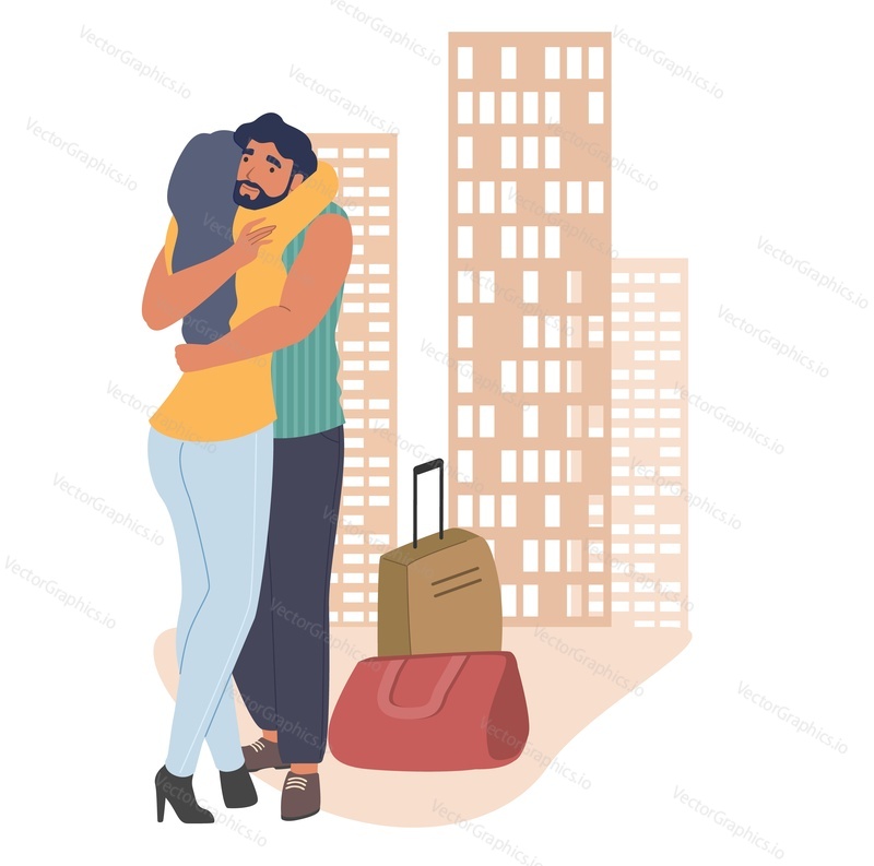 Couple greeting each other with hug, flat vector illustration. Woman meeting her husband coming back home from business trip, returning to home from tour. Homecoming.