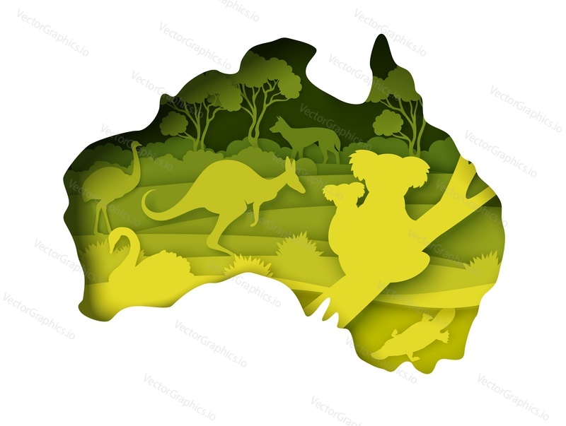 Divoká zvěř Austrálie, světový kontinent. Vektorové ilustrace ve stylu papírového umění. Pevninská Austrálie mapa s přírodou, klokan koala medvědi, ptakopysk, pštros emu, labuť volně žijících ptáků a zvířat siluety