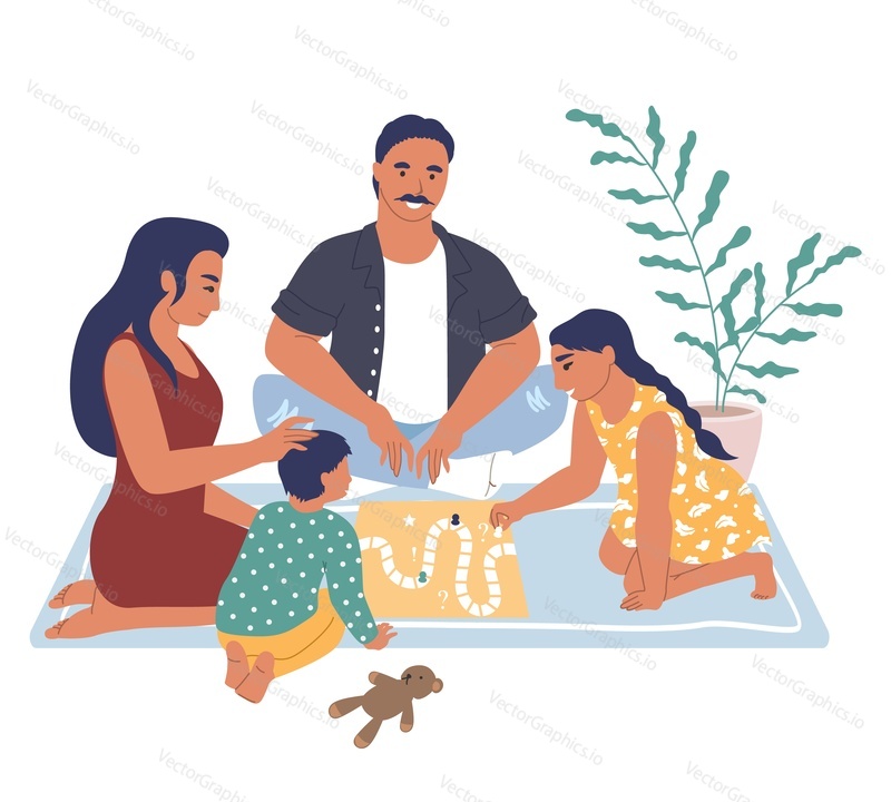 Šťastná rodina hraje desková hra sedí na koberci, ploché vektorové ilustrace. Rodiče s dětmi tráví čas společně, hraní stolní hry. Domácí volnočasové aktivity a zábava.