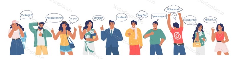 Skupina lidí říká vynikající slovo v různých jazycích ukazuje ok, palec nahoru gesta rukou, ploché vektorové ilustrace. Mezinárodní komunikace. Škola cizích jazyků, kurzy.
