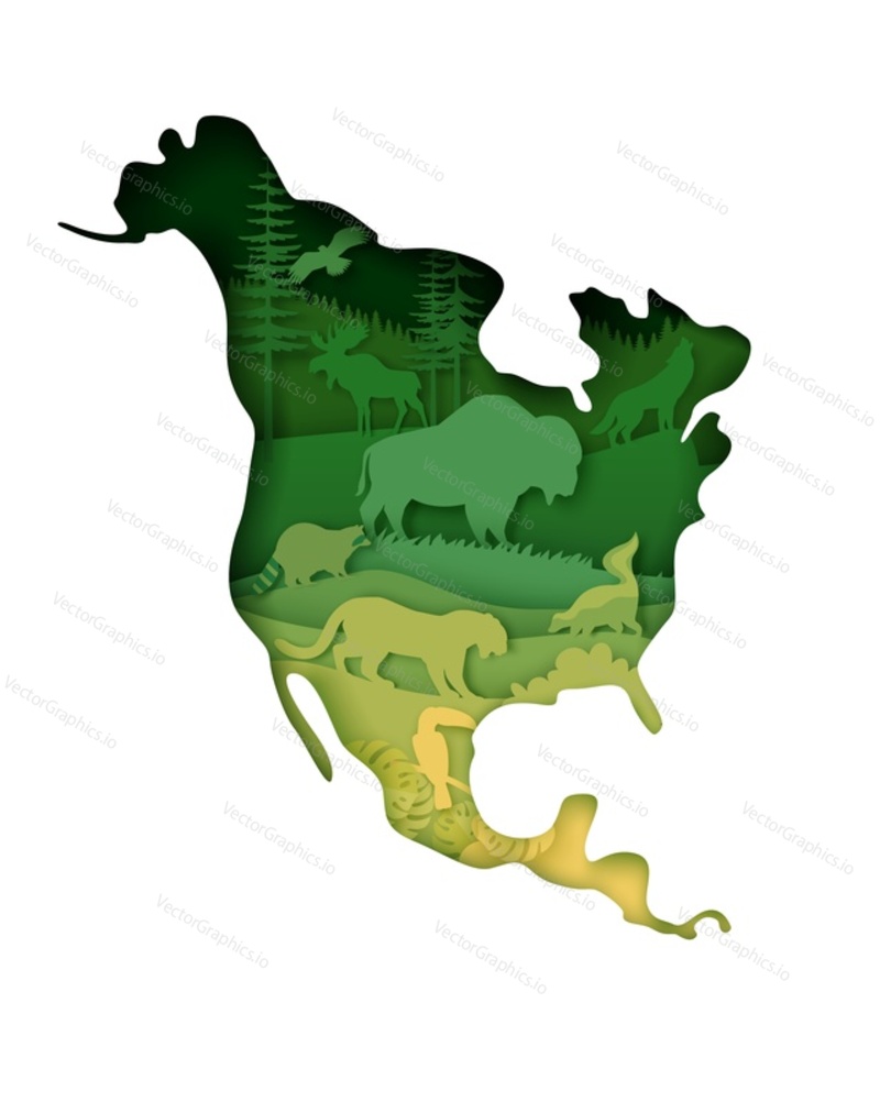 Divoká zvěř Severní Ameriky, světový kontinent. Vektorové ilustrace ve stylu papírového umění. Pevnina Severní Amerika mapa s přírodou, bizon, los mýval, pruhované skunk, kojot jaguar divoká zvířata siluety.