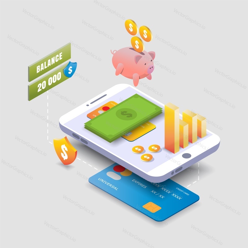 Изометрический смартфон с банковской картой, деньги, диаграмма на экране, копилка с долларовыми монетами, векторная иллюстрация. Мобильный банкинг и онлайн-депозиты, инвестиции в бизнес, операции с мобильными депозитами.