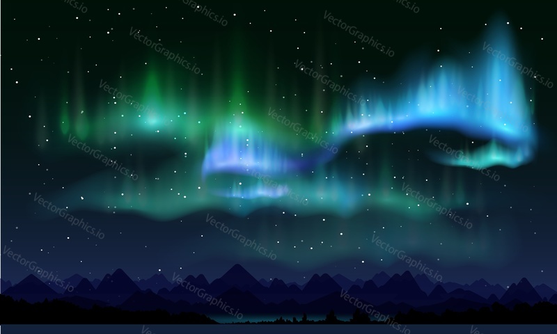 Realistické polární záře, vektorové ilustrace. Noční obloha a úžasné polární světla, Horská krajina. Plakát Aurora borealis, šablona banneru.