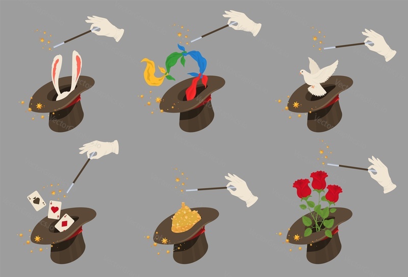 Magician hat set, flat vector isolated illustration. Illusionist hand with wand and magic cylinder hat for performing tricks with bird, rabbit, bouquet of flowers, ribbons, playing cards.