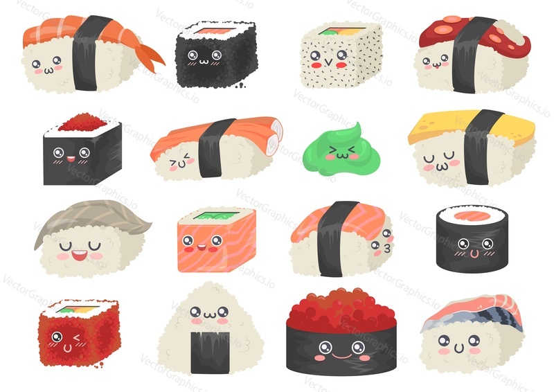 Sushi, sashimi a rohlíky, roztomilé a vtipné kreslené postavičky, ploché vektorové izolované ilustrace. Tradiční japonské jídlo z rýže a mořských plodů.