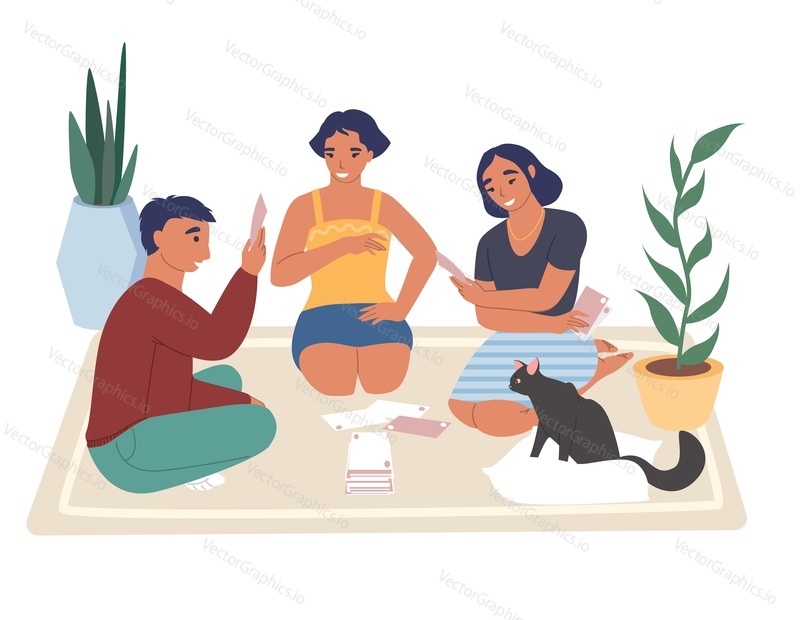 Dospívající hraní deskové hry sedí na podlaze s kočkou, ploché vektorové ilustrace. Šťastní mladí lidé přátelé hrají karty a baví se. Domácí volnočasové aktivity.