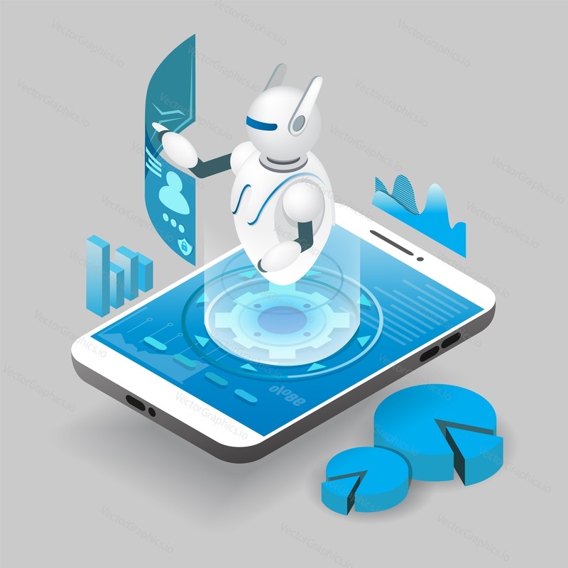 Izometrický AI robot na obrazovce chytrého telefonu, vektorové ilustrace. Umělá inteligence, virtuální asistent, aplikace pro mobilní telefony chatbot.