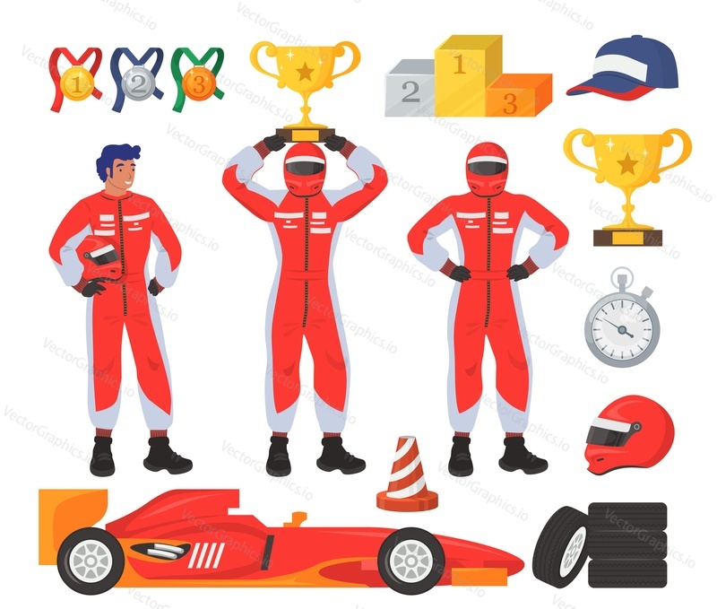 Race driver set, flat vector isolated illustration. Car driver, racer wearing costume. Racing gear and equipment. Suit, helmet, cap, medal, trophy cup, podium, stopwatch, sport car and wheels.