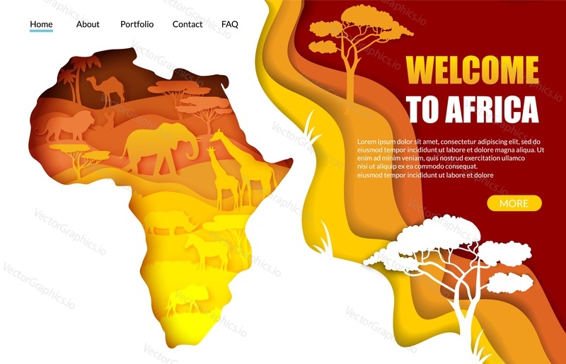 Vítejte v šabloně webových stránek Africa vector, design vstupní stránky pro vývoj webových stránek a mobilních stránek. Papírová mapa Afriky s africkou krajinou, siluety divokých zvířat uvnitř. Cestovní koncept.