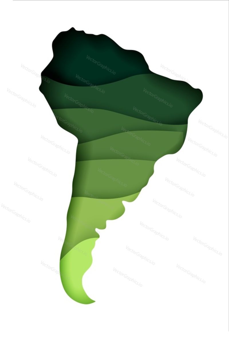 Vector layered paper cut style map of South America continent. Travel poster, banner template.