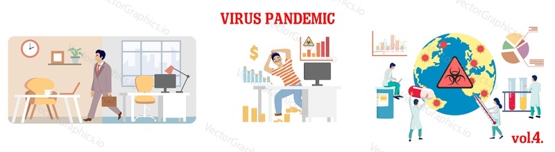 Virová pandemie, vektorové ploché izolované ilustrace. Lékařská péče, laboratorní testování, karanténní pravidla a preventivní opatření izolace a práce z domova. Prevence koronavirové nemoci COVID-19