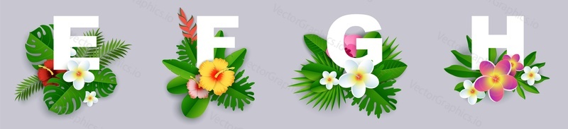 Floral alphabet, vector illustration in paper art style. E, F, G, H English alphabet capital letters with beautiful exotic tropical leaves and flowers.