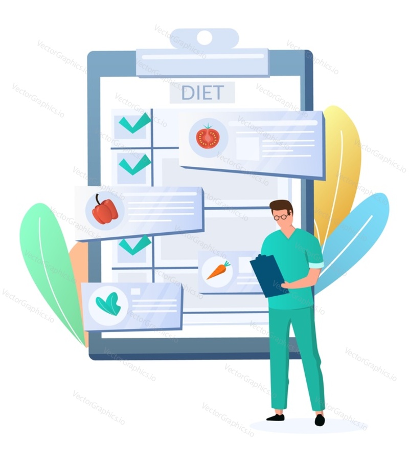 Lékař na výživu, dietolog s dietní program schránky, ploché vektorové ilustrace. Veganské dietní plány, koncept zdravého stravování.