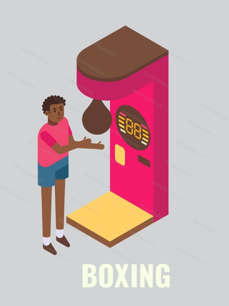 Punching, boxing arcade game machine. Young man testing his physical strength, flat vector isometric illustration. Game club, room, zone attractions, fun activities, entertainment. Arcade gaming.